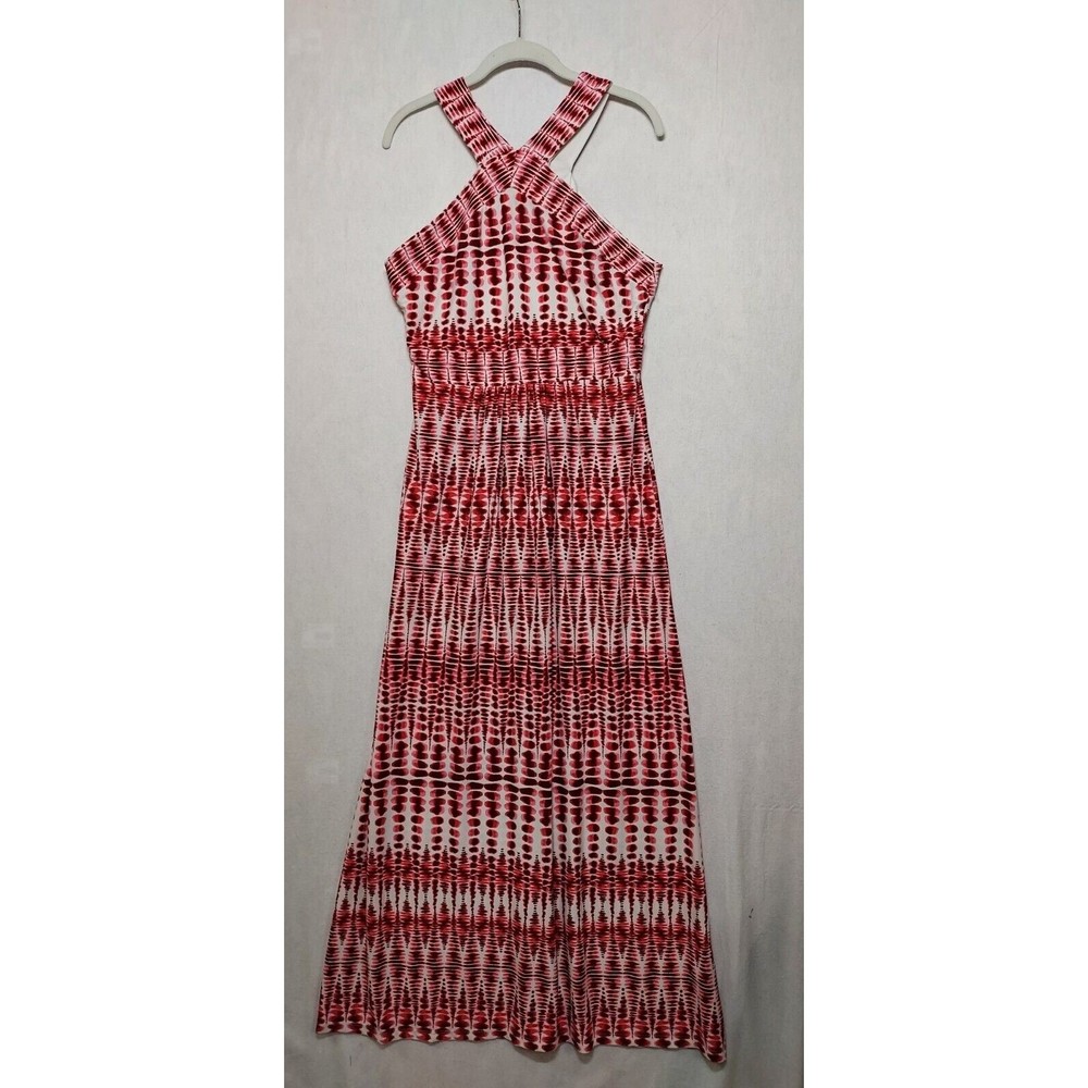 WISP Leia Stretch Red Pink Geometric Print Halter Knit Maxi Dress, Size 6
